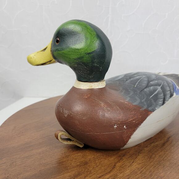 Vintage Signed Wood Carved Peabody Hotel Drake Mallard Duck Decoy Glass Eyes - Picture 13 of 16